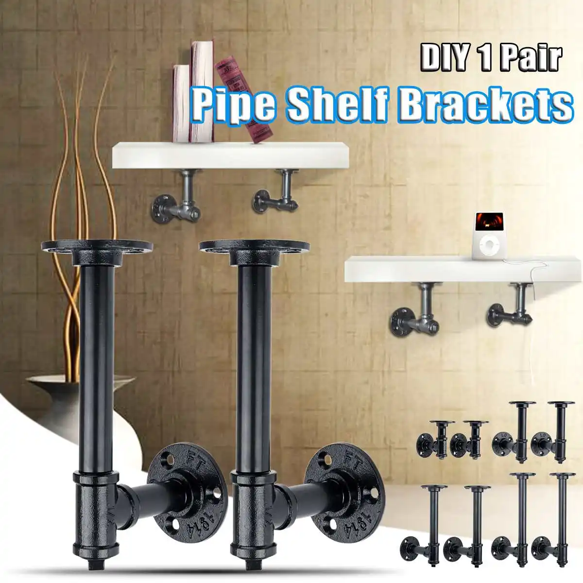 

1 Pair Of Bracket Wall Floating Shelf Vintage Retro Black Iron Industrial Pipe Shelf Bracket Holder Home Decor Storage Holder