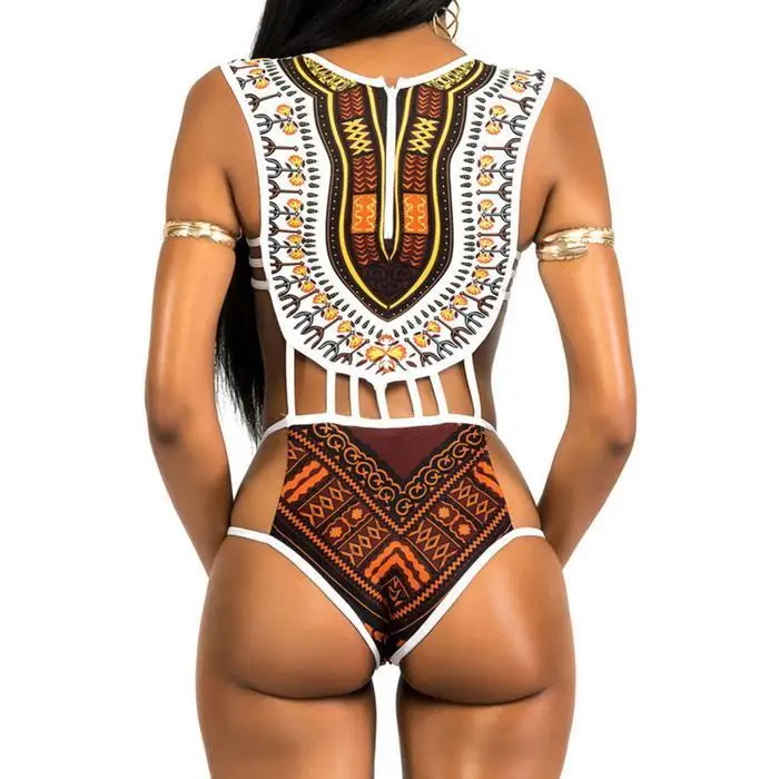 

African Style Swimwear Tribal One Piece Swimsuit Totem Print Bathing Suit Swimsuits Women Bandage High Cut Monokini Swim Suit