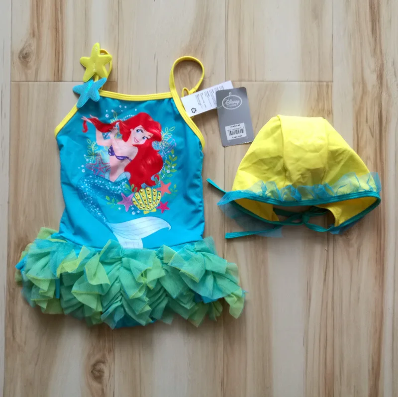 

Disney princess Mermaid Girls one-piece swimsuit + Swimming cap Frozen Elsa Swimwear children cartoon swim trunks