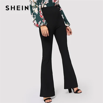 

SHEIN Black Elegant Office Lady Elastic Waist Flare Hem Pants Casual Solid Minimalist Pants 2019 Spring Women Pants Trousers