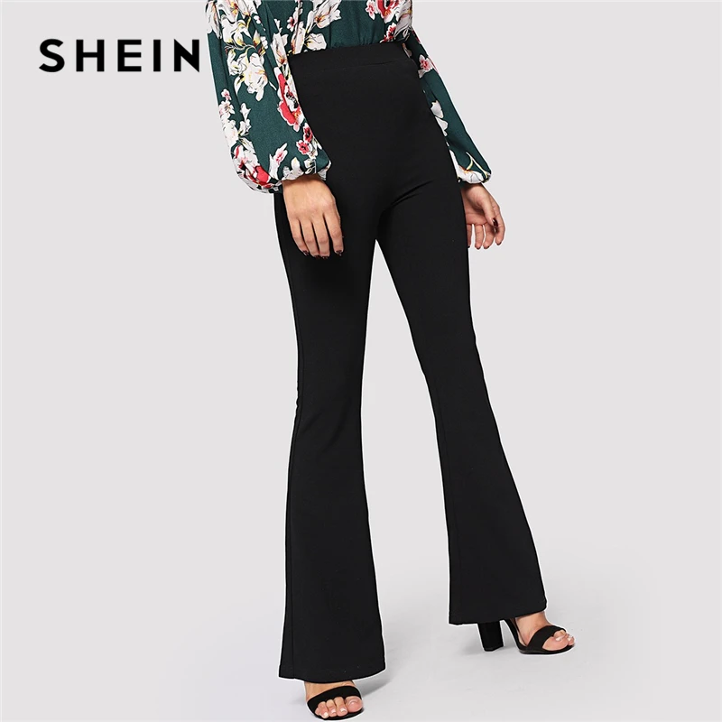 En Ligne SHEIN noir élégant bureau dame taille élastique Flare ourlet pantalon décontracté solide minimaliste pantalon 2019 printemps femmes pantalon