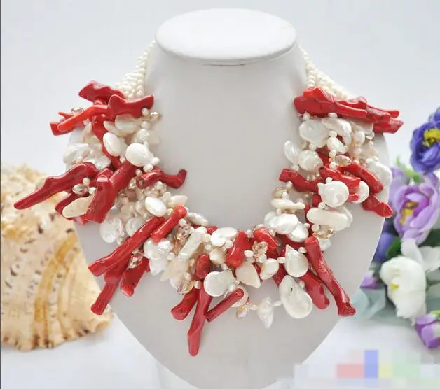 

song voge gem nanJ0541 6ROW WHITE BAROQUE FRESHWATER PEARL RED CORAL branch NECKLACE