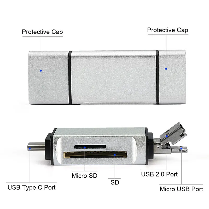 Старший Алюминий сплав OTG адаптер 3 в 1 Micro USB/Тип C/Reader USB карты TF/SD /Micro SD Plug & Play PC Card разъем расширения