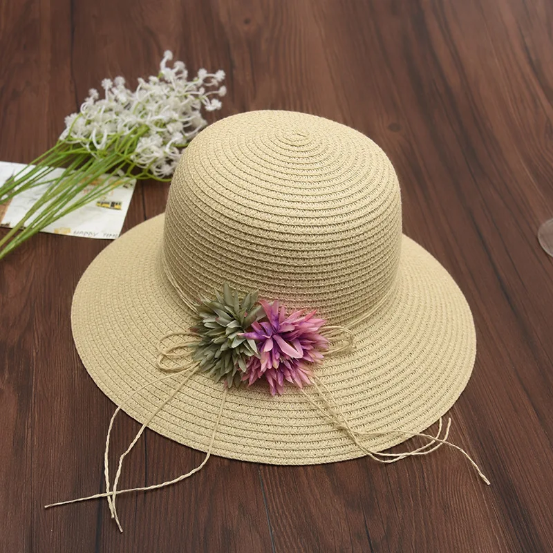 Bohemian Wide Brim Summer Sun Hats For Women Raffia Rope With Flower