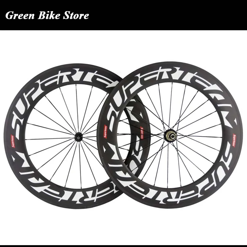 Superteam 700C 88mm Clincher Tubular Road Bike Carbon Wheels 23mm Width Bicycle Wheelset