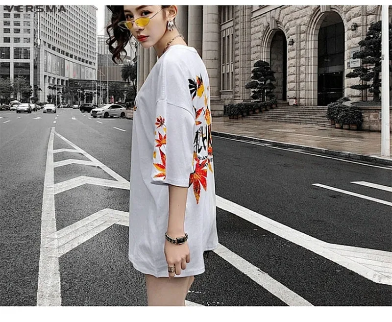 VERSMA японский Harajuku BF кленовый лист печатных хлопок мужские футболки лето Хип Хоп Уличная негабаритных свободные футболки для пары мужчин