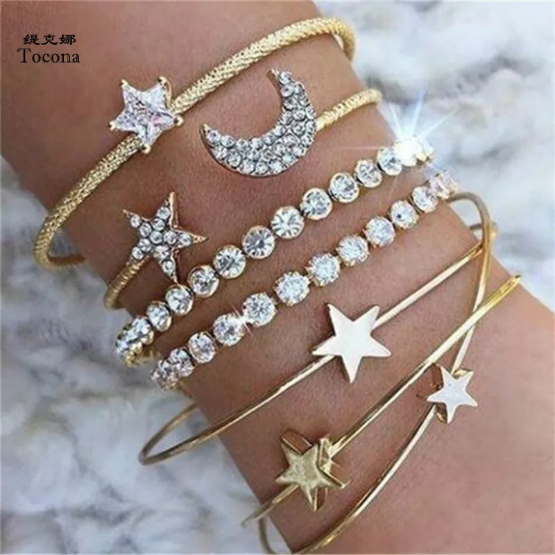 

Tocona 4PCS/Set Punk Opening Moon Star Heart Charm Bracelets Set for Women Girl Crystal Alloy Bracelet Party Jewelry Gifts 5802