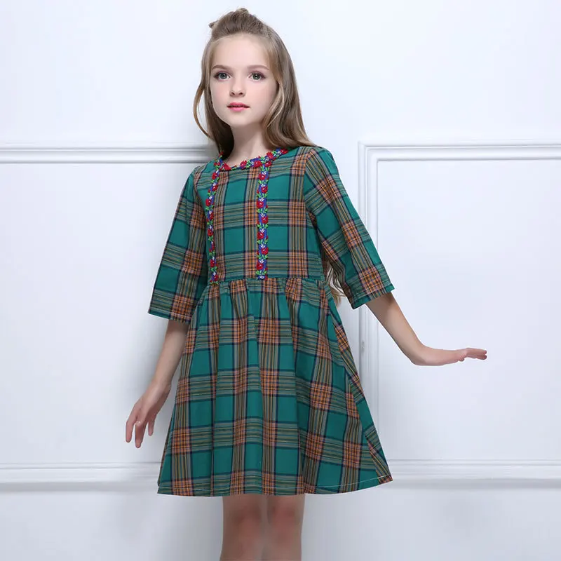 

Euro American Girl Dresses Half Sleeves Autumn New Cotton Lattice Green Girl Birthday Gift Dresses for Kids Christmas 2-11T year