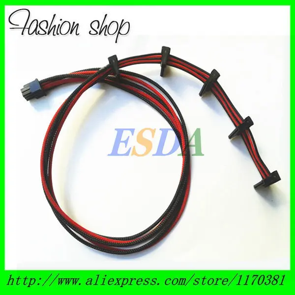 6Pin PCIE to 5 SATA Power Supply Sleeved Module Cable CORD 18AWG Wire