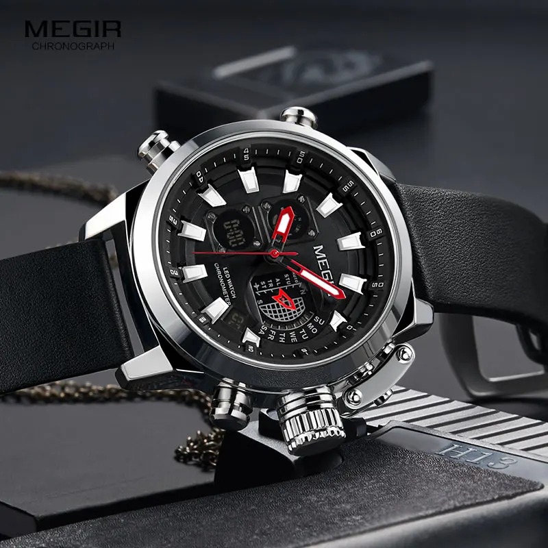 Billige MEGIR männer Sport Quarz Uhren Leder Strap Chronograph Luminous Armee Armbanduhr 2019 Neue Top Marke Uhr Relogios 2090 Schwarz