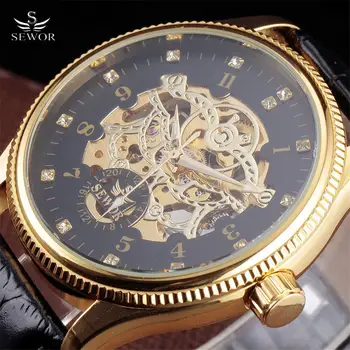 

New Fashion Sewor Mens Watches Top Brand Luxury Diamond Large Dial Leather Strap Casual Gold Mechanical Automatic Wrist Watch