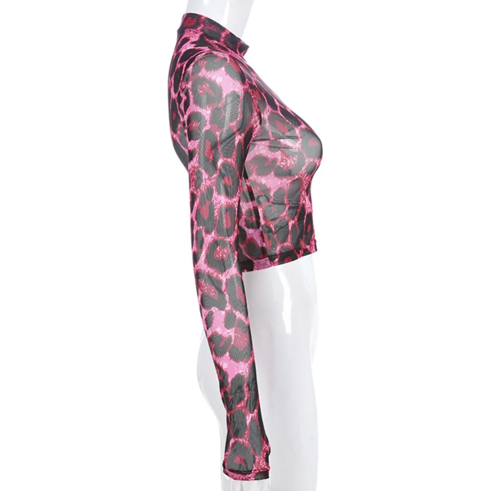 Женская сексуальная розовая леопардовая футболка, Женский сетчатый топ с длинным рукавом, весенне-осеннее облегающее нижнее пальто, сетчатый укороченный летний топ, облегающая футболка