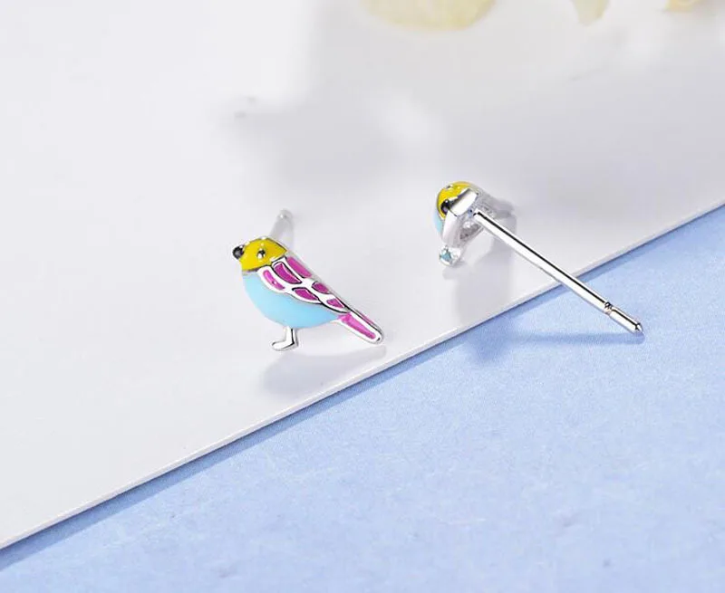 Cute 925 Sterling Silver Colorful Bird Stud Earrings For Kids Children Girl Lovely Animal Sterling-silver-jewelry