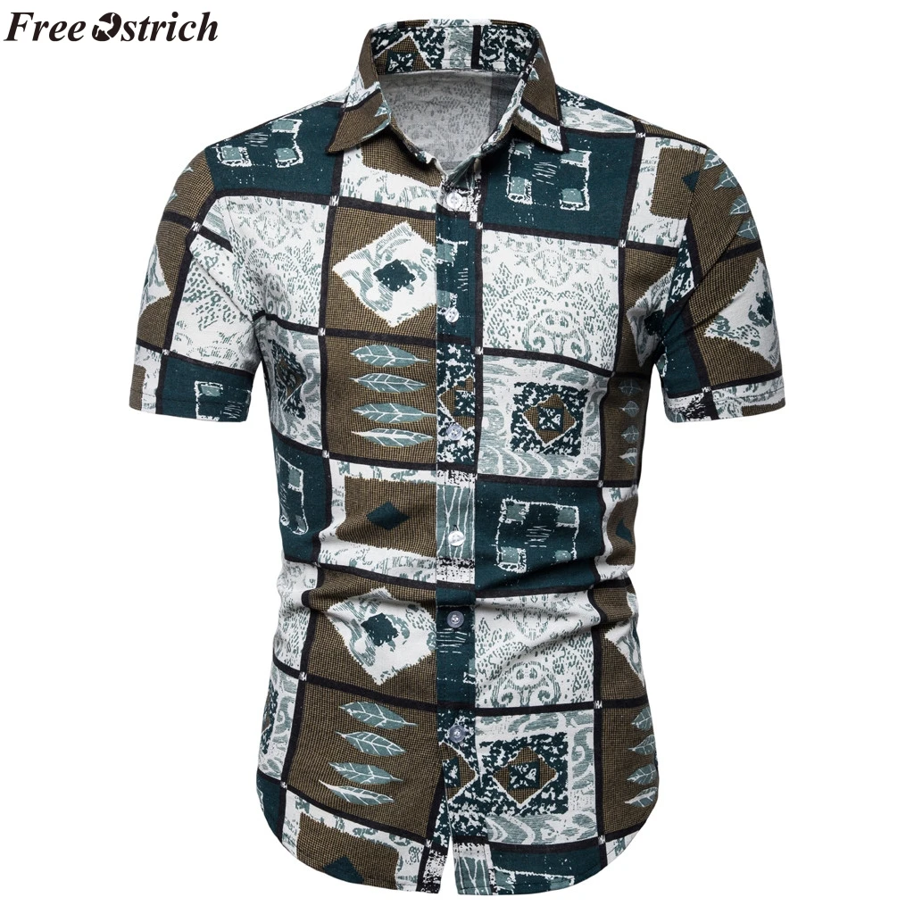 

FREE OSTRICH Men's New Short Sleeve Slim Fashion Plaid Print Shirt Lapel Casual Shirt Male Clothing Comfort Tops Plus Size