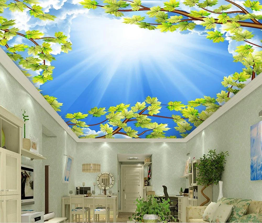 カスタム3d天井緑のつる 青空 白雲paitingリビングベッドルームpapelデparede 3 D天井の壁紙 壁紙 Aliexpress