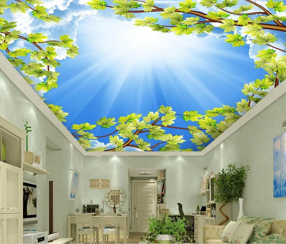 Us 12 18 58 Off Custom 3d Ceiling Green Vine Blue Sky White Clouds Paiting For Living Room Bedroom Papel De Parede 3 D Ceiling Wallpaper In