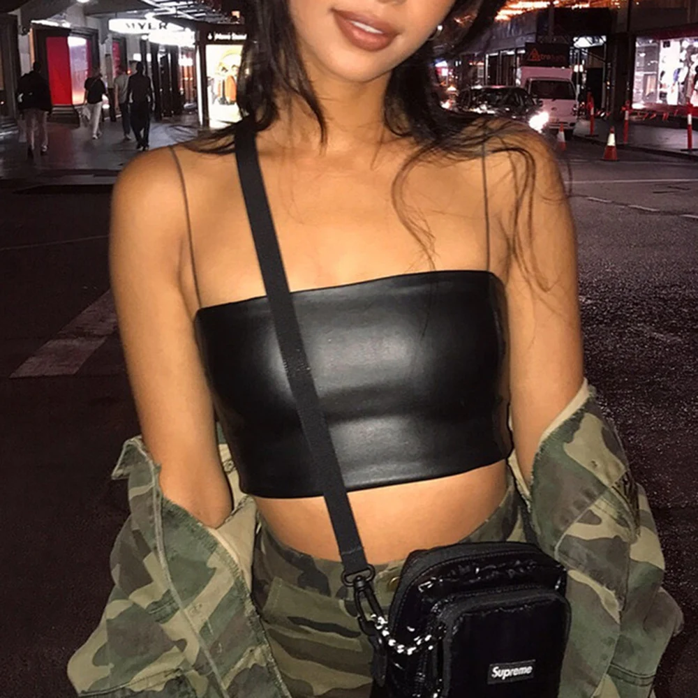 

PU Leather Summer Crop Top Skinny Sexy Sleeveless Short black Women Black Solid Slash Neck Ladies Streetwear Tank Vest Plus Size