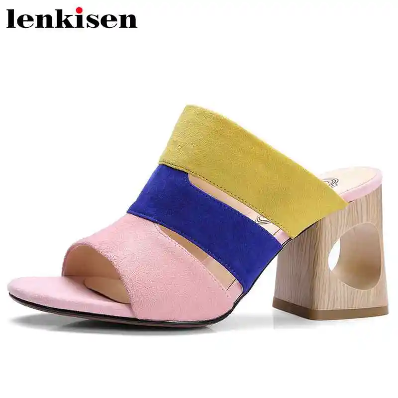 

Lenkisen 2018 colourful kid suede slip on peep toe thick high fretwork heels mules shallow party wedding women sweet sandals L75