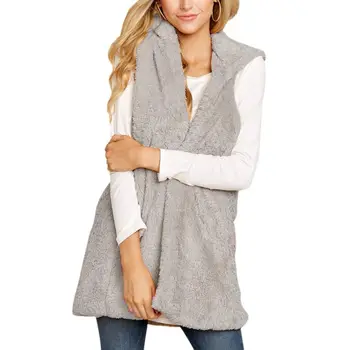 

Women Plush Hooded Vest Coats Autumn Winter Solid Color Open Stitch Overcoat 2019 Ladies Fashion Sleeveless Loose Vest