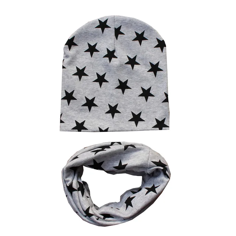 grey stars Г. Весенний Детский комплект с шапкой, осенне-зимний шарф с воротником для мальчиков и девочек, теплый шейный платок, детские вязаные шапки, комплекты хлопковая детская шапка, шарф - Цвет: grey stars