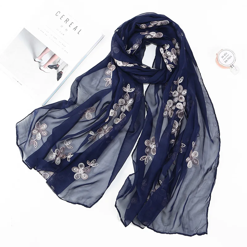 

Spring Summer Faux Silk Embroidered Female Scarf Pearl Breathable Long Shawl Islamic Muslim Women Hijab Turban Wrap