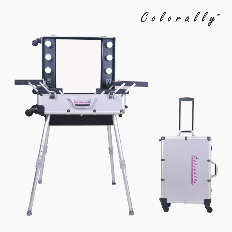 2016 New Silver Lighted Makeup Case with Legs Trolley Professional cosmetic Box Removerable Wheels | Багаж и сумки