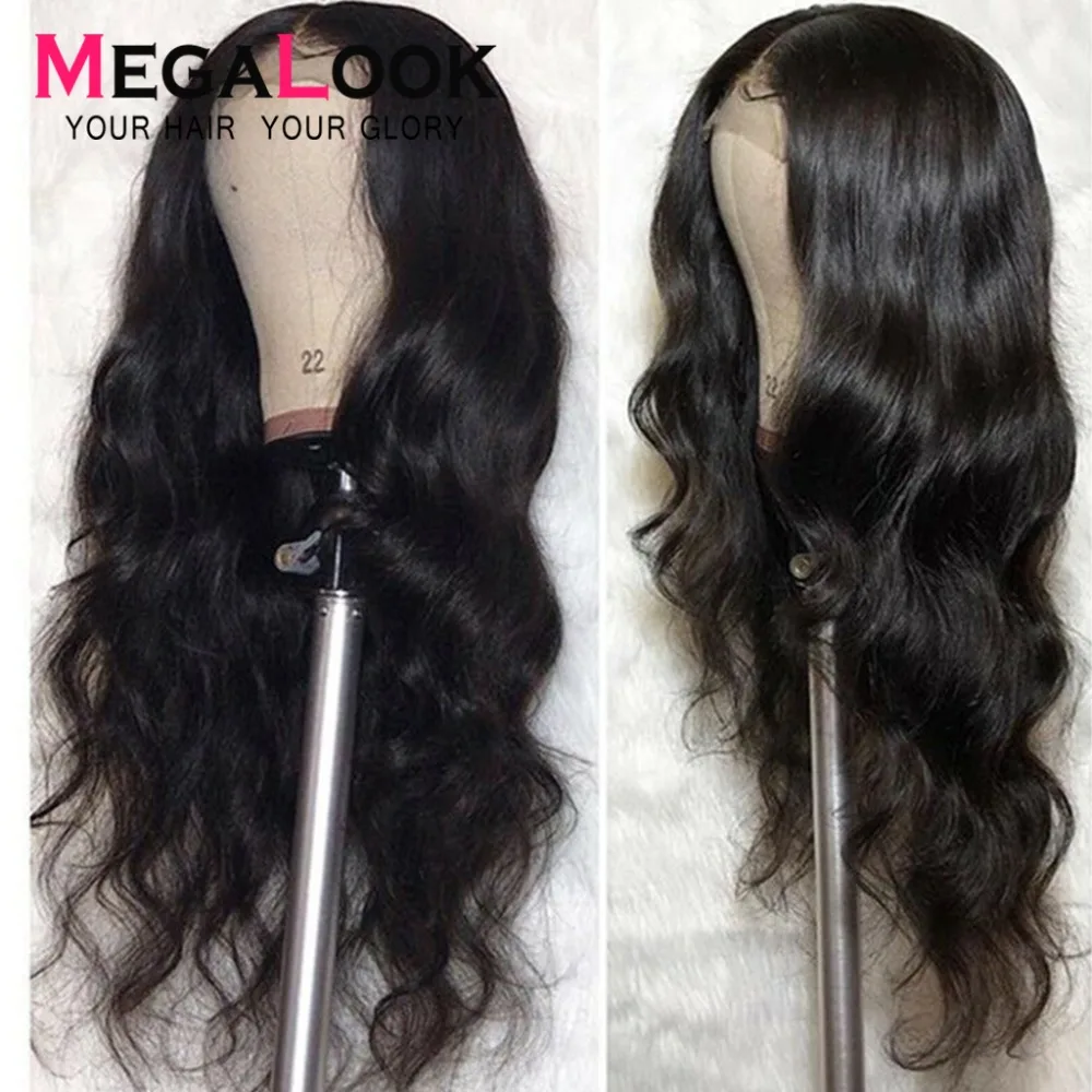 Megalook 4*4 Кружева Закрытия парик 210% плотность бразильский объемной волна парик натуральный черный Цвет 100% Волосы remy 10 inch-32 inch