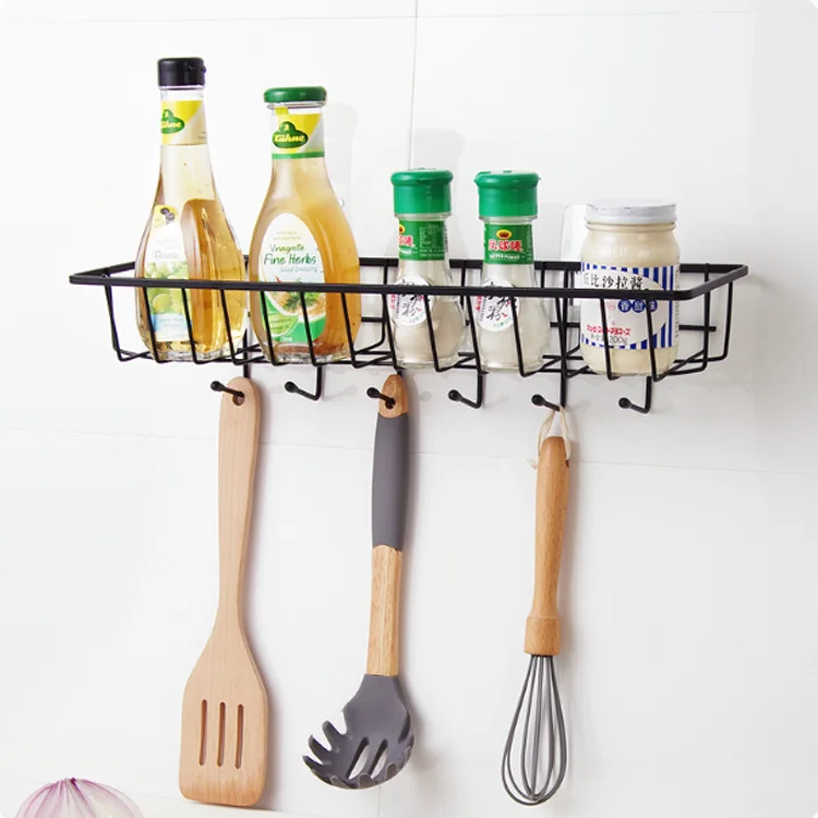 Iron Non-trace Wall Mounted Kitchen Rack Spice Storage Shelf Rack Organizer With Hooks Drainer Shelves Home Bathroom Accessories Iron Non-trace Wall Mounted Kitchen Rack Spice Storage Shelf Rack Organizer With Hooks Drainer Shelves Home Bathroom Accessories