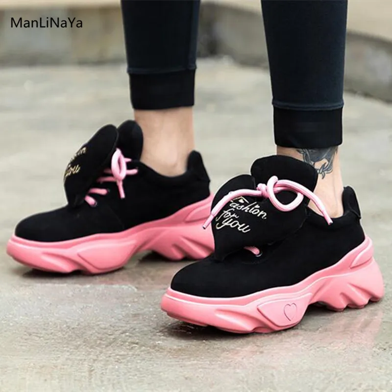 Plate Nouveau Rose Picture forme Des Dentelle Peu Talon Sneakers Formateurs up Coeur Femmes Sport Profonde Chaussures Picture as Casual Noir Amovible Épais As dtwqtv