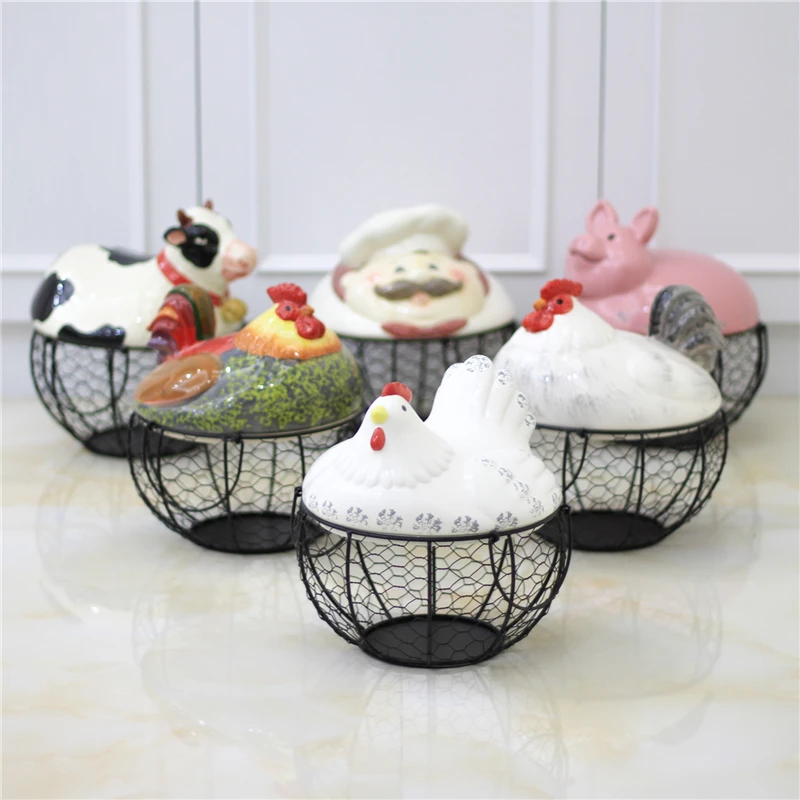 Керамическая подставка для яиц, курица, проволока, корзина для яиц, корзина для фруктов, креативная коллекция, керамические украшения для куриц, кухонный инструмент для хранения