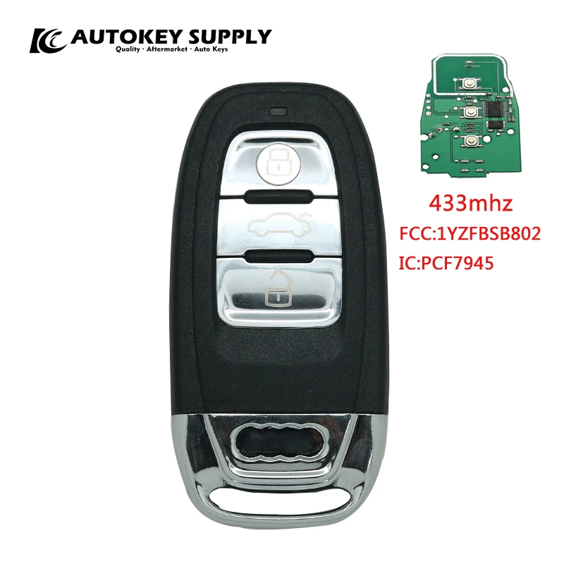 

AUTOKEY SUPPLY factory direct sales. car styling for Audi 3 button smart card 433mhz FCC: 1YZFBSB802 IC: PCF7945, without logo