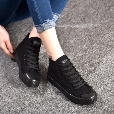 

2019 spring and summer all black high-top Lace-Up canvas shoes girl students white sneakers flat casual shoes