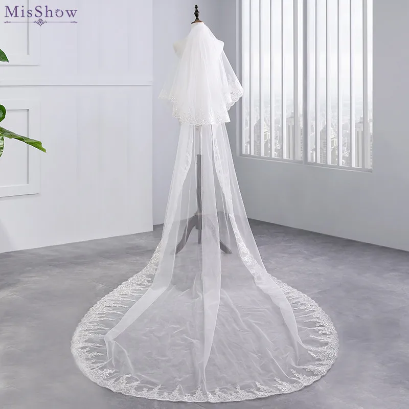 

MisShow High-quality White Ivory 2 Layers 3M Long Wedding Veil Sequined Lace Edge Bridal Veil With Comb Wedding Accessories