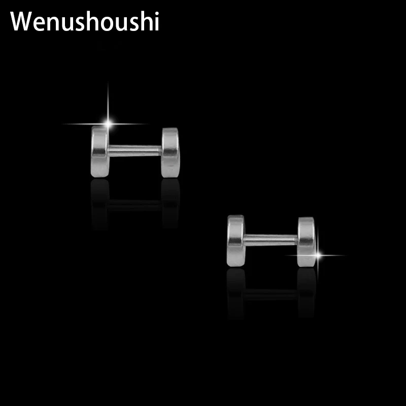 

WENUSHOUSHI stainless steel dumbbell stud earrings for women men new tiny small earing casual sporty cool earring jewelry gifts