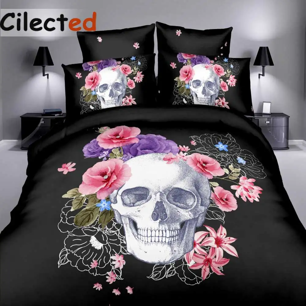 Cilected Pink Floral Skull Duvet Cover Set Single Double Queen King 2