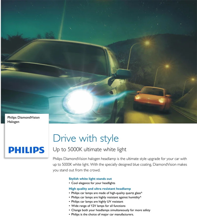 Philips H1 H4 H7 H8 HB3 HB4 9003 9005 9006 12V Diamond Vision 5000K автомобильный галогенный головной светильник, противотуманная фара, супер ксеноновый белый светильник, пара