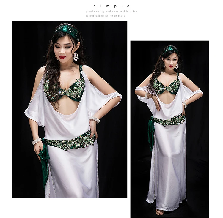 New high grade Professional Performance Dancewear bra+dress+belt+headscarf+shorts 5pcs Outfit Women Bellydance Costume YC040