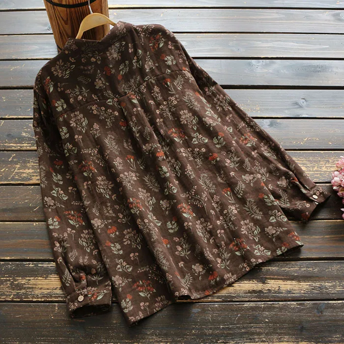 Рубашка с длинными рукавами в винтажном стиле из матового хлопка с цветочным принтом, блузка mori girl, осень