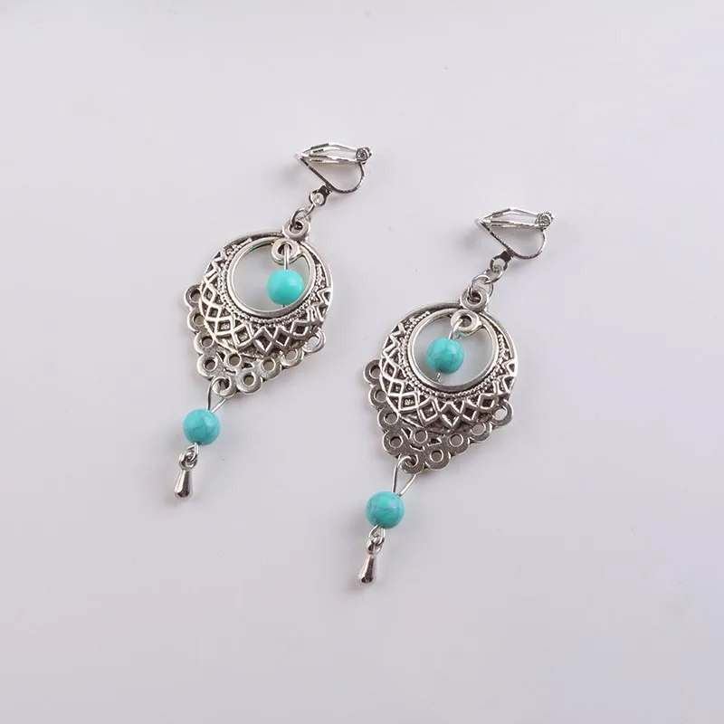 

JIOFREE Ethnic Bohemia Clip on Earrings For Women Silver Color Blue Beads Earring Big Long Statement Charm Vintage Jewelry