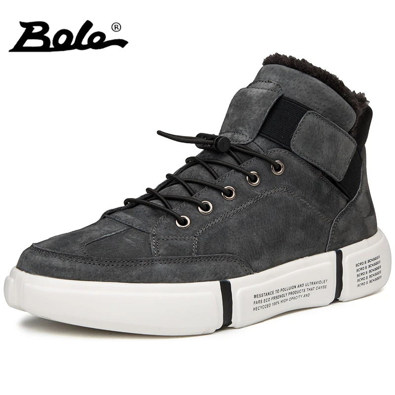 

New Arrival Men High Top Round Toe Short Plush Winter Warm Pigskin Shoes Male Hard Wearing Anti Skidding Black Grey Man Leisure