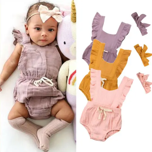 

Newborn Baby Girl Summer Sling Romper Clothes Ruffle Solid One Shoulder Sleeveless Casual Romper Jumpsuit Headband Outfit