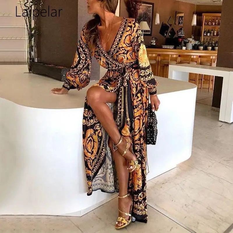 

Boho Summer Retro Vintage Floral Print Long Party Dress Feminine Elegant V Neck Maxi Dress