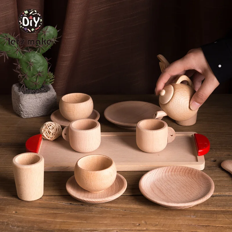 

Pretend Play Kitchen Toys 1*Wooden Tableware Toy Beech Wooden Simulation Kitchen Tableware Tea Pot Tea Cups Playing Wooden Toys