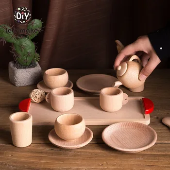 

Pretend Play Kitchen Toys 1*Wooden Tableware Toy Beech Wooden Simulation Kitchen Tableware Tea Pot Tea Cups Playing Wooden Toys