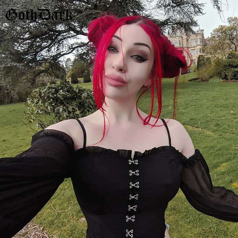 Baratos Goth negro oscuro Grunge gótico cosecha remaches remache Vintage manga larga llamarada botón transparente sin espalda