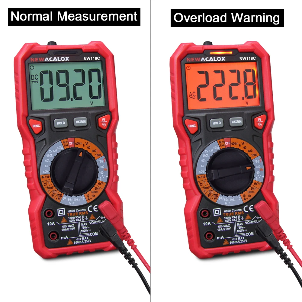 NEWACALOX NCV Цифровой мультиметр 6000 отсчетов Авто Мультиметр ом тестер Вольтметр Амперметр защита от перегрузки с зондом