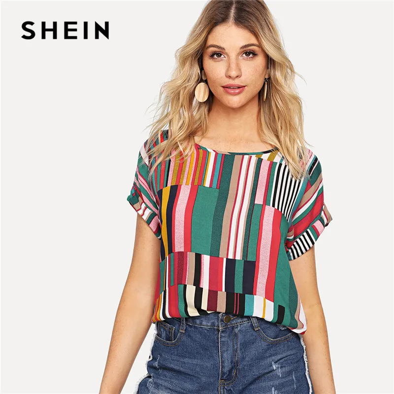 SHEIN разноцветная полосатая футболка с принтом, Повседневная Свободная футболка с круглым вырезом и цветными блоками, женские летние топы с коротким рукавом