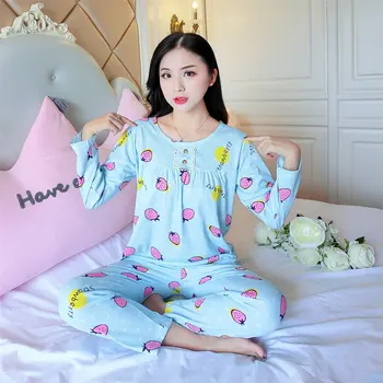 

Woven Cotton Print Top and Pants 2 Pieces Pajama Set Multicolor O Neck Women Suits New Spring Long Sleeve Casual Pajama Set