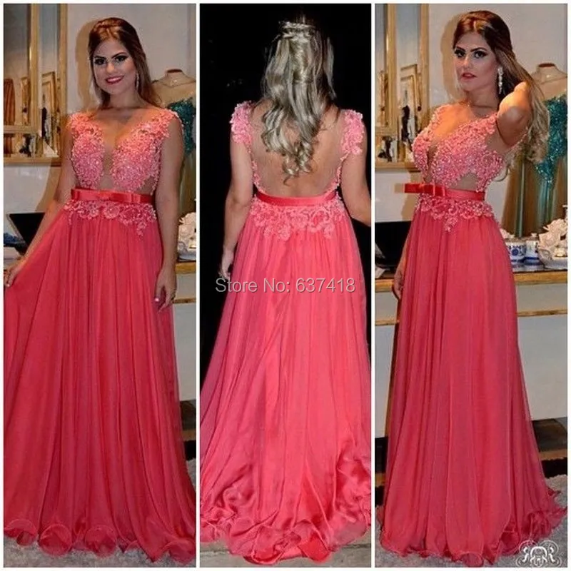 

Abend kleider Coral Pink Long Evening Dress Prom Dress with Lace Appliques Beads Sexy Illusion Top Vestidos largos de noche