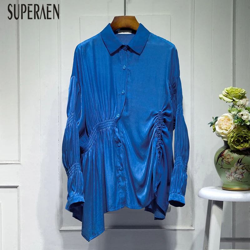 SuperAen, необычная женская рубашка с длинным рукавом, новинка весны, корейский стиль, женские блузки и топы, сплошной цвет, дикая женская одежда